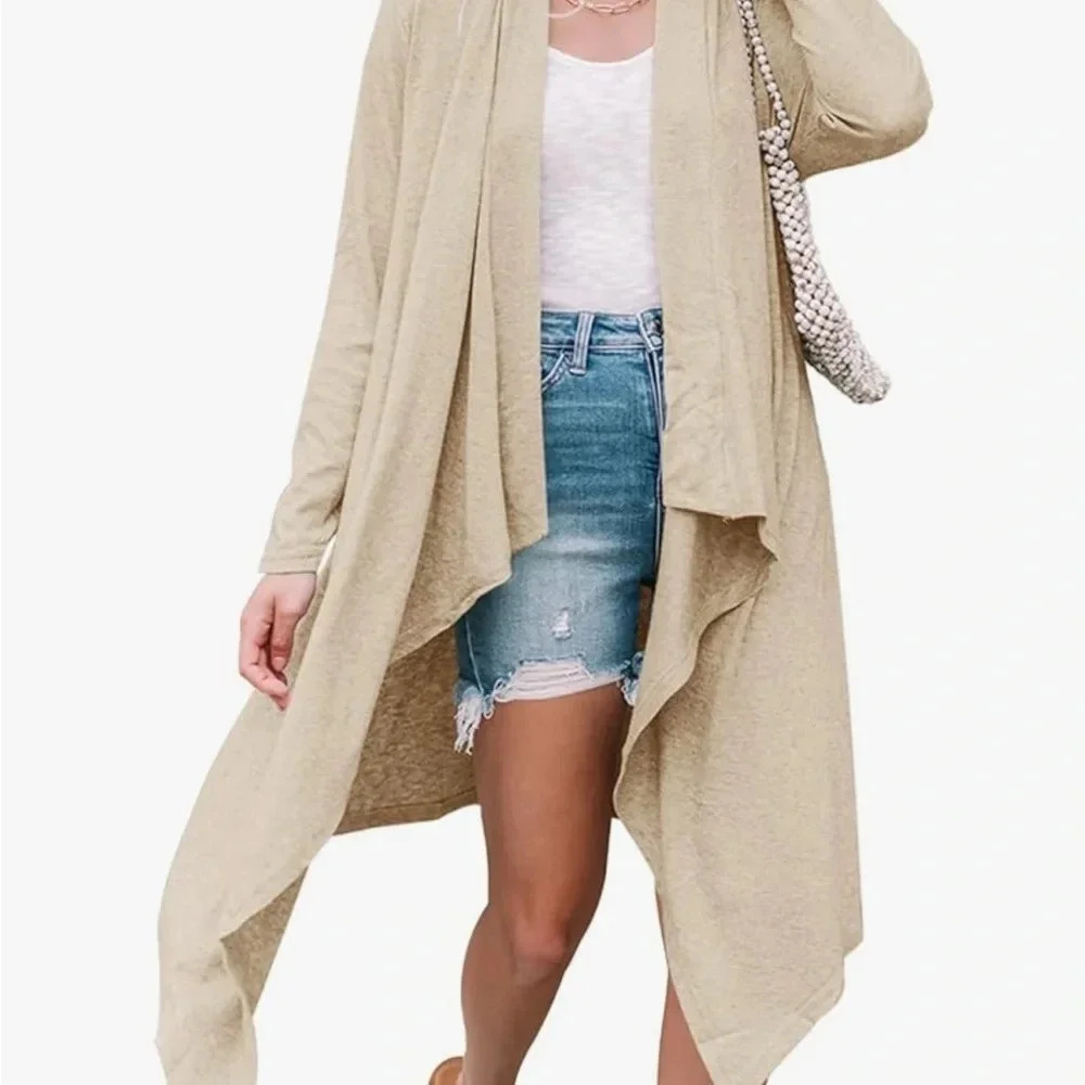 Open Front Lightweight Long Sleeve Draped Apricot Long Cardigan Medium‎